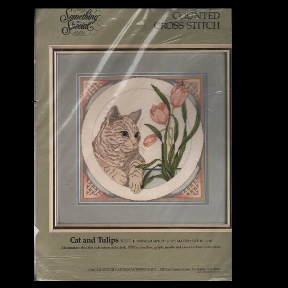 Vintage Candamar Designs Counted Cross Stitch 1988 Cat And Tulips Complete Kit - Picture 1 of 3